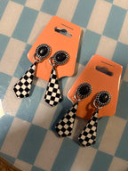 Oval Stone Concho & Checkerboard Post Drop Earrings