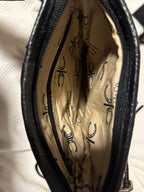 Checkered Cowhide Lightning Bolt Purse with Tooled Leather Strap