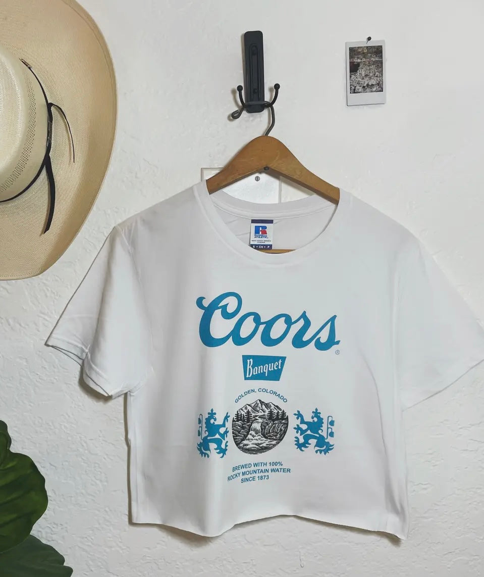 Coors Banquet Crop Top  “White/Light Blue” Tee