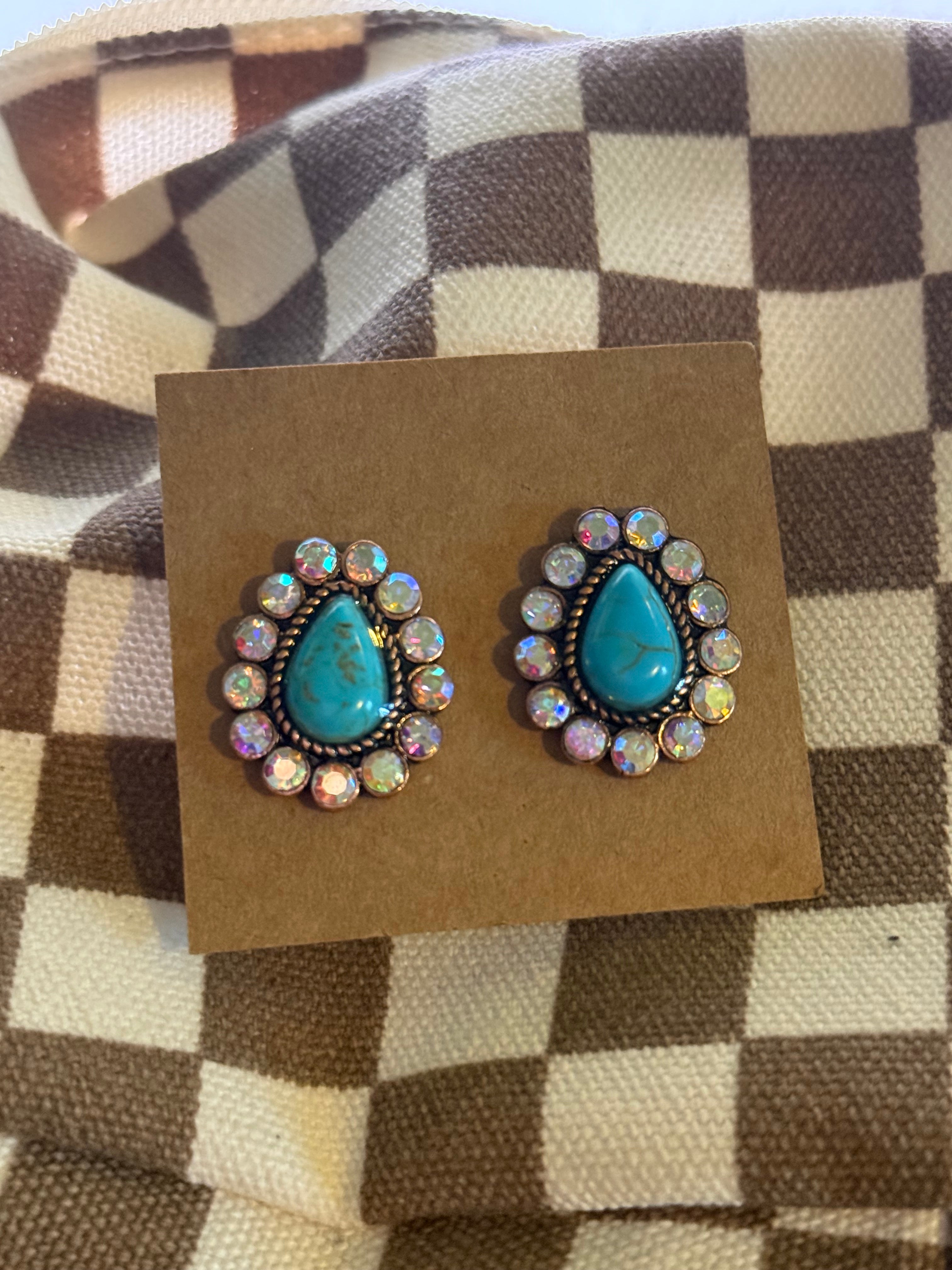 Western Stone Teardrop Stud Earrings “Turquoise/Clear”