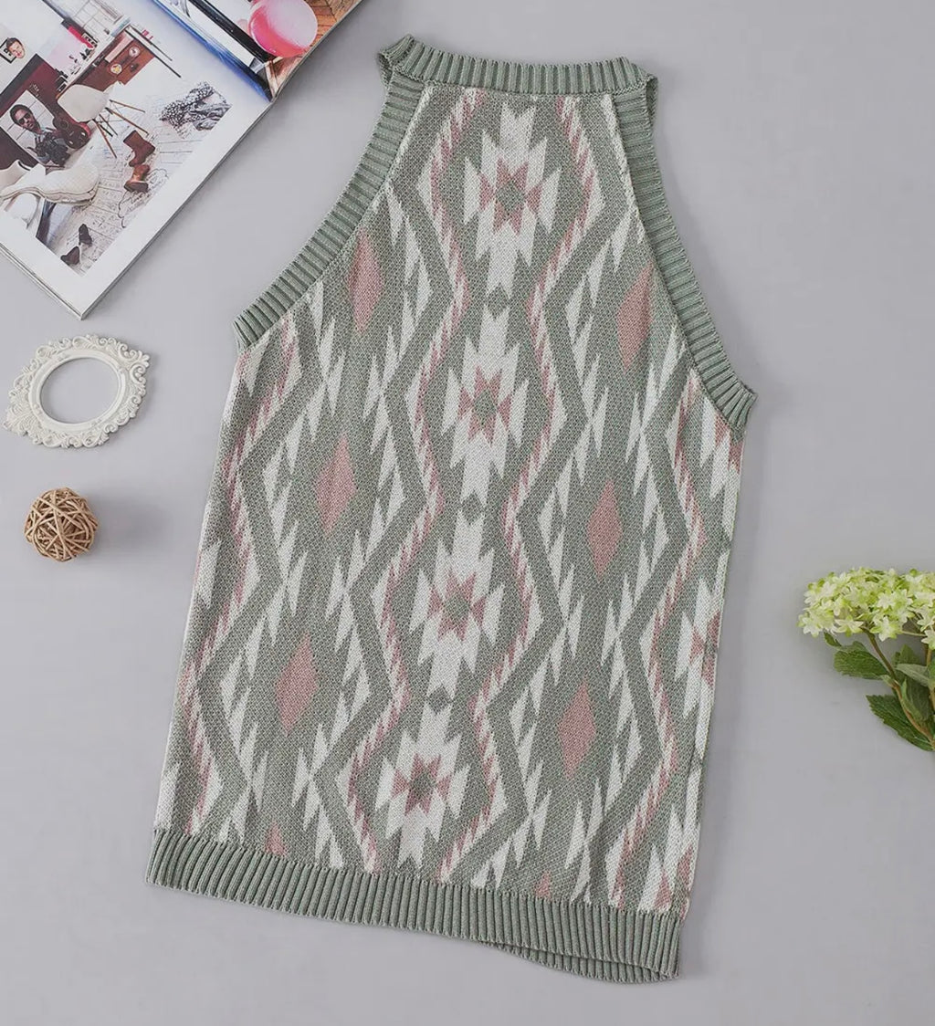 Green Western Tribal Aztec Pattern Knit Sweater Tank