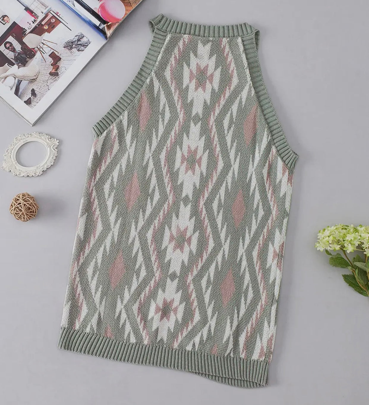 Green Western Tribal Aztec Pattern Knit Sweater Tank