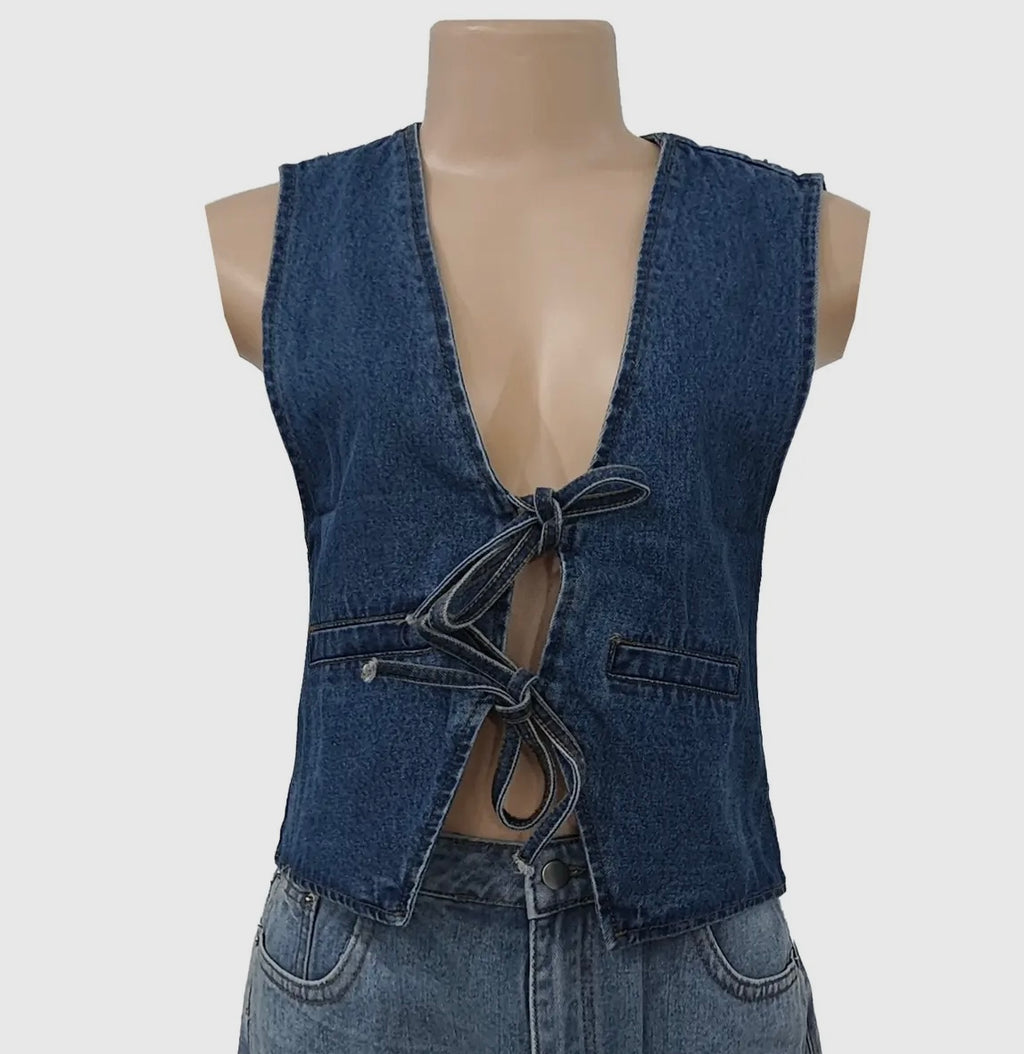 Front BowTie V-Neck Denim Vest “Deep Blue”