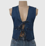 Front BowTie V-Neck Denim Vest “Deep Blue”