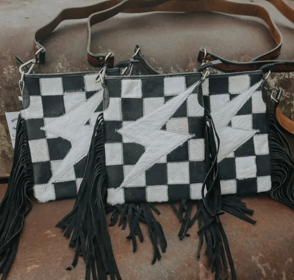 Checkered Cowhide Lightning Bolt Purse with Tooled Leather Strap