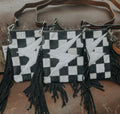 Checkered Cowhide Lightning Bolt Purse with Tooled Leather Strap