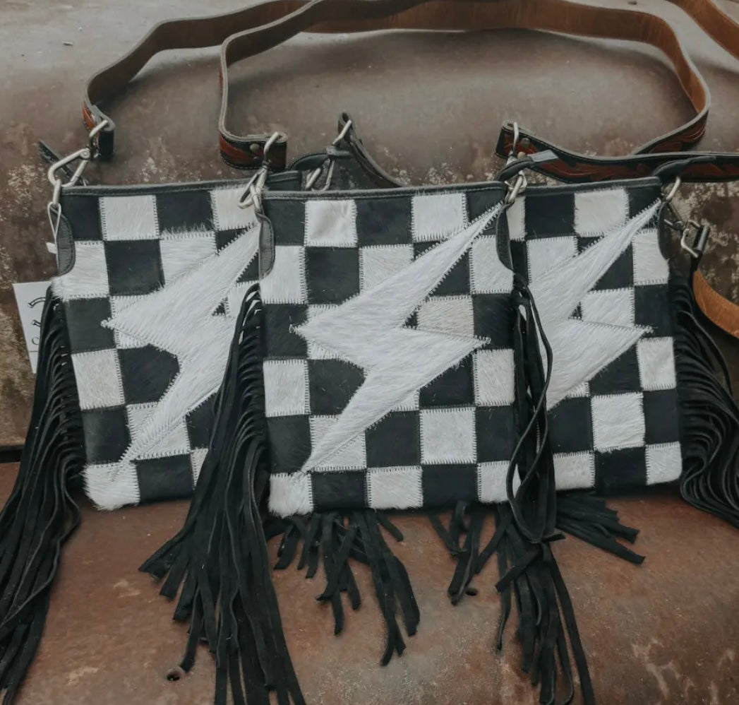 Checkered Cowhide Lightning Bolt Purse with Tooled Leather Strap