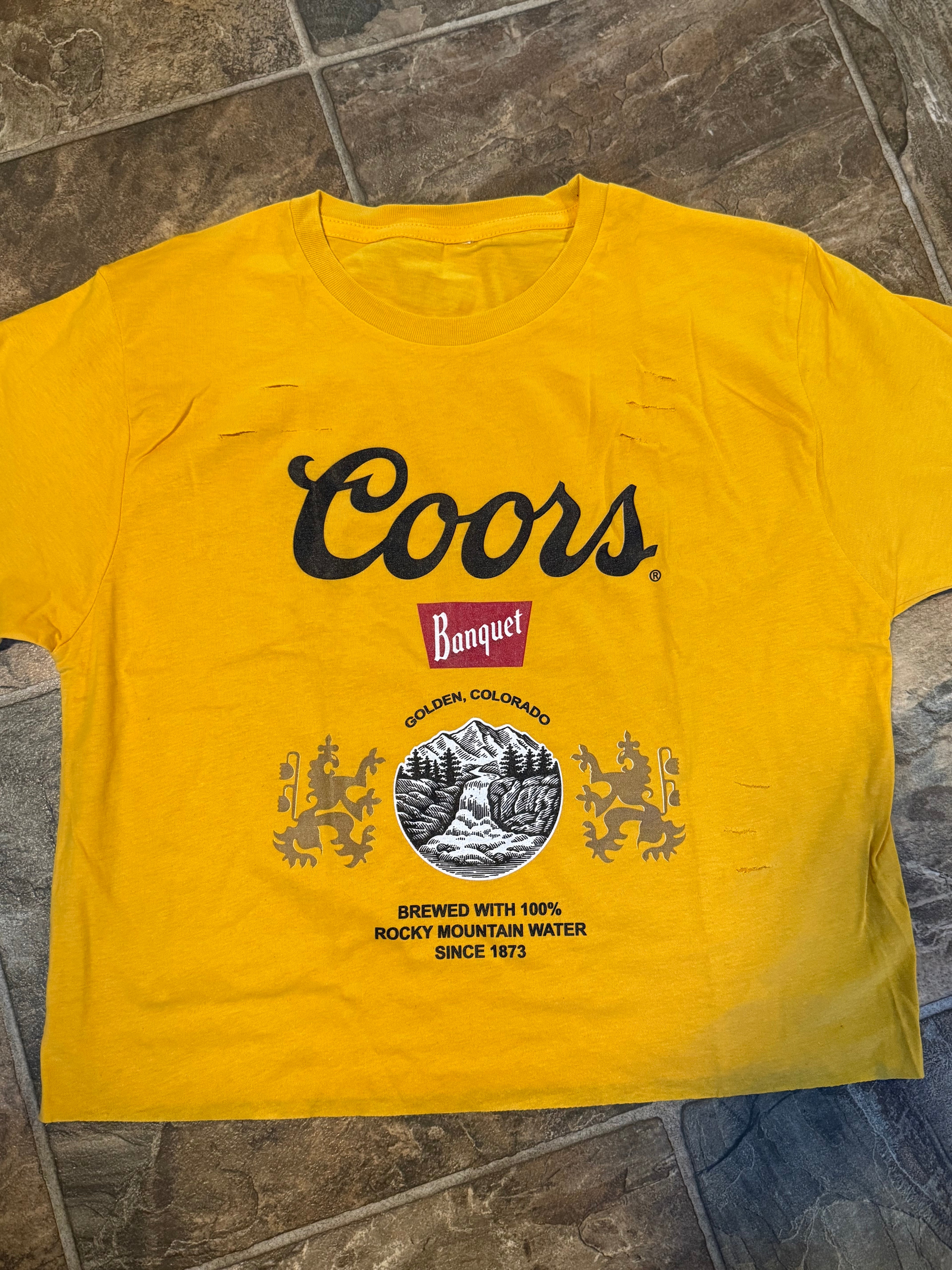 Coors Banquet Distressed Crop Top Tee “Yellow”