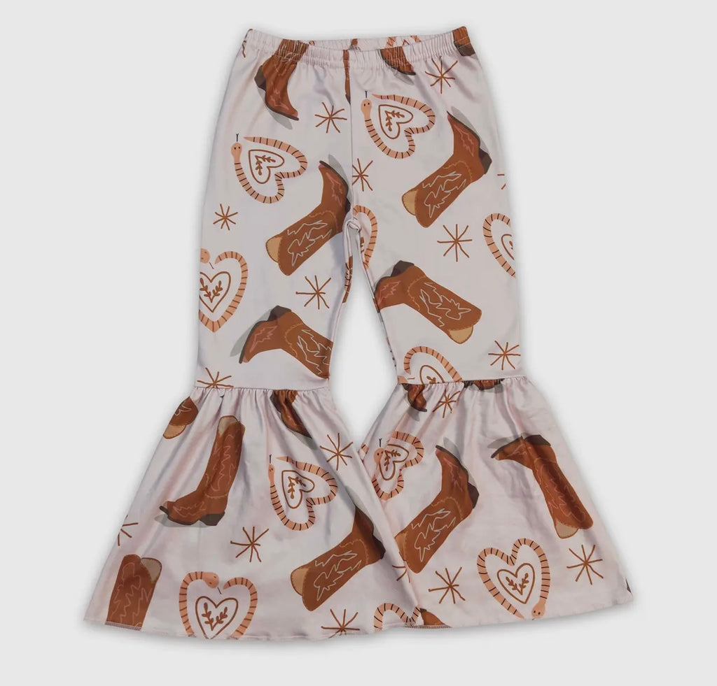 Kids Girls Bell Bottom Pants western heart and boots