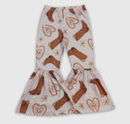 Kids Girls Bell Bottom Pants western heart and boots
