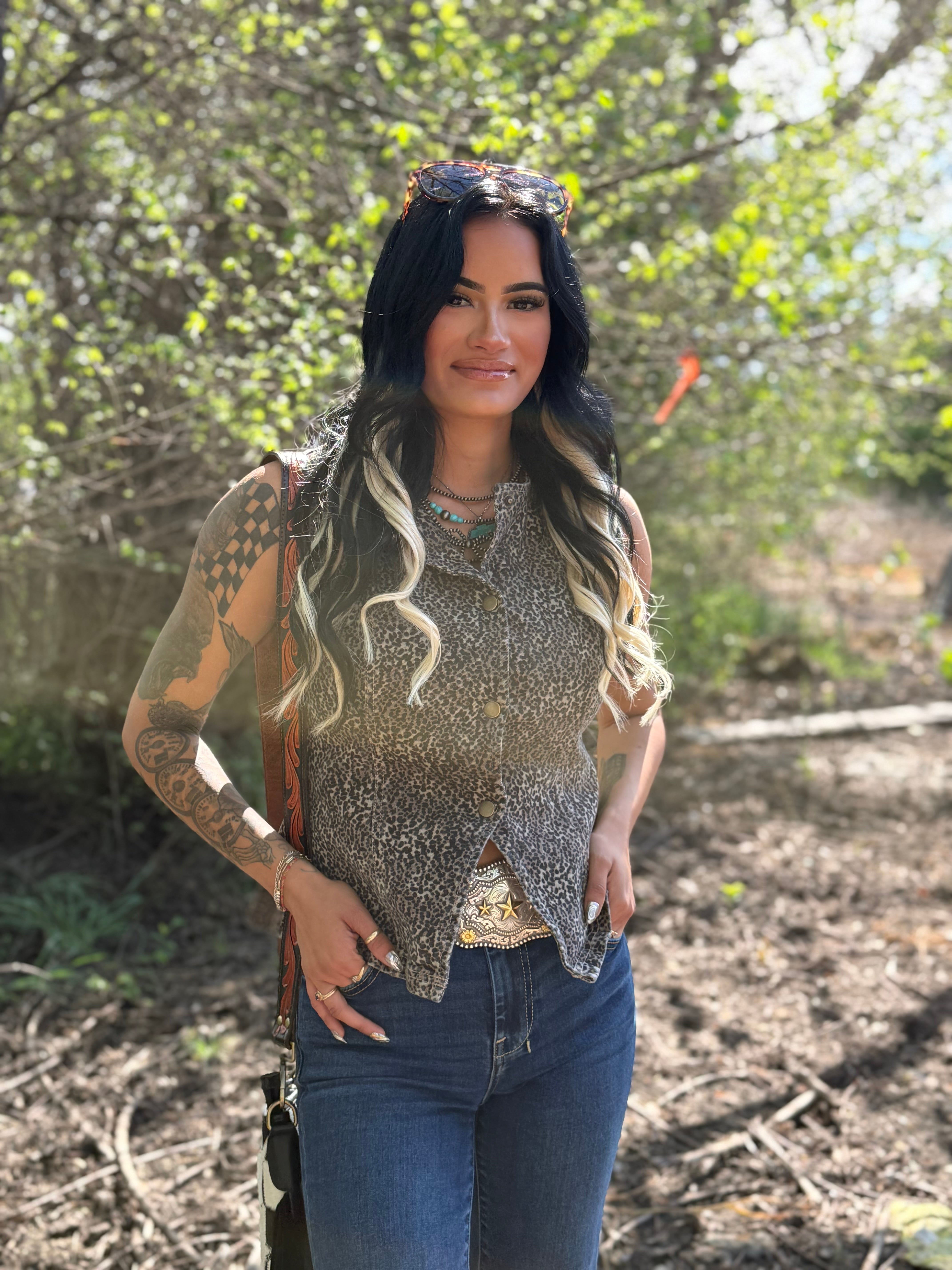 Western Leopard Print Slim Denim Vest