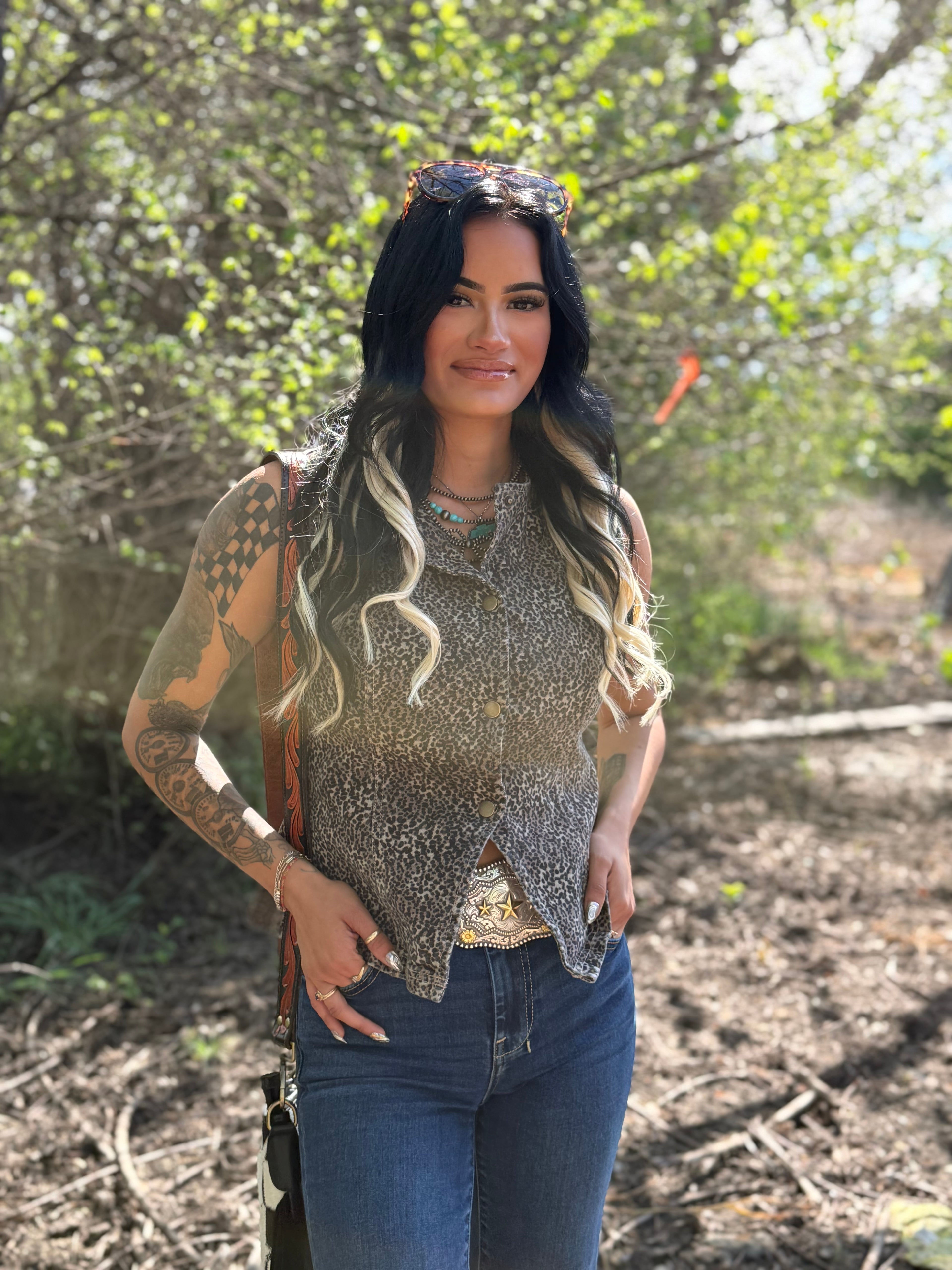 Western Leopard Print Slim Denim Vest