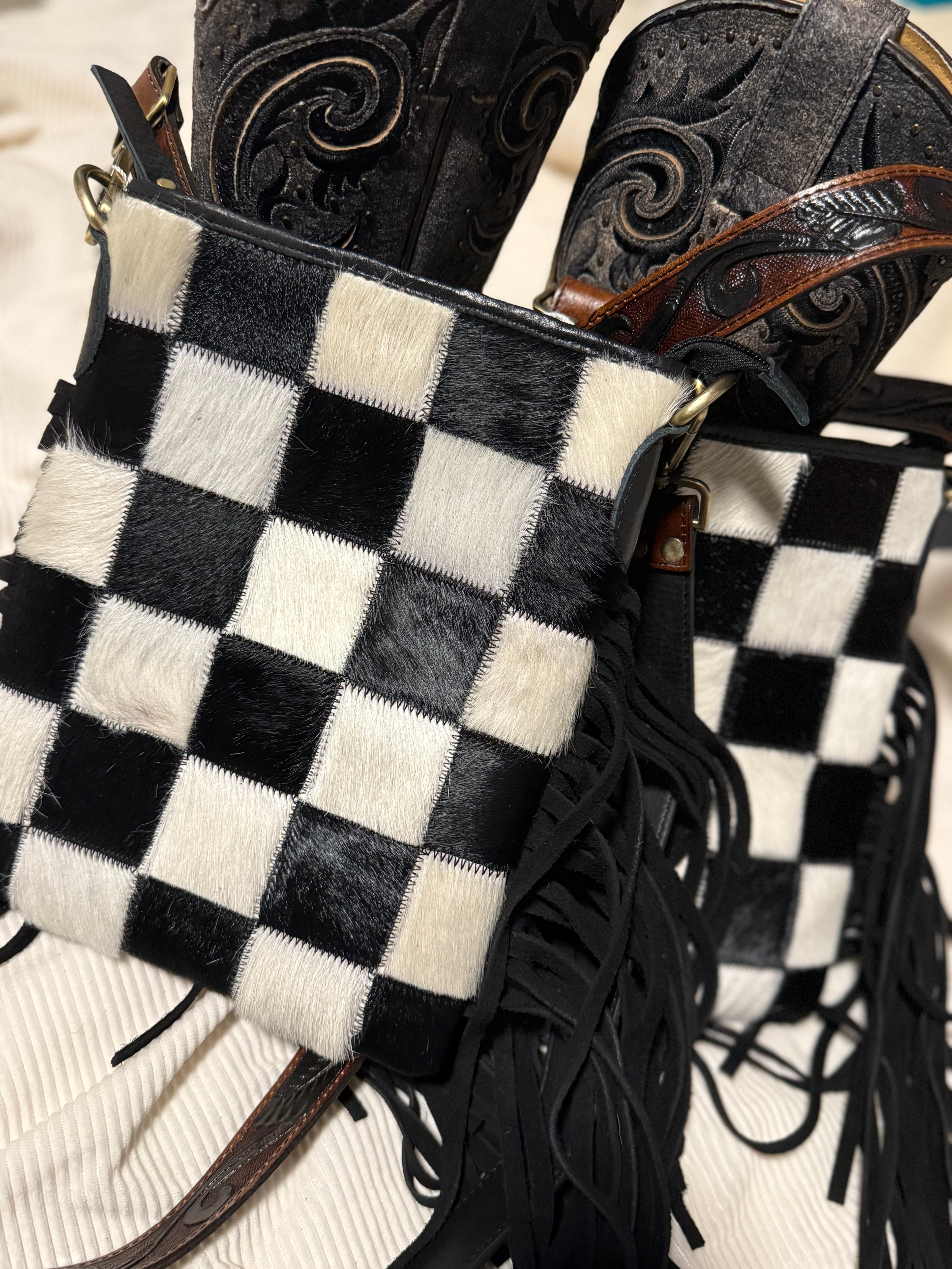 Stockyard Checkered Cowhide Fringe Purse, Black & White