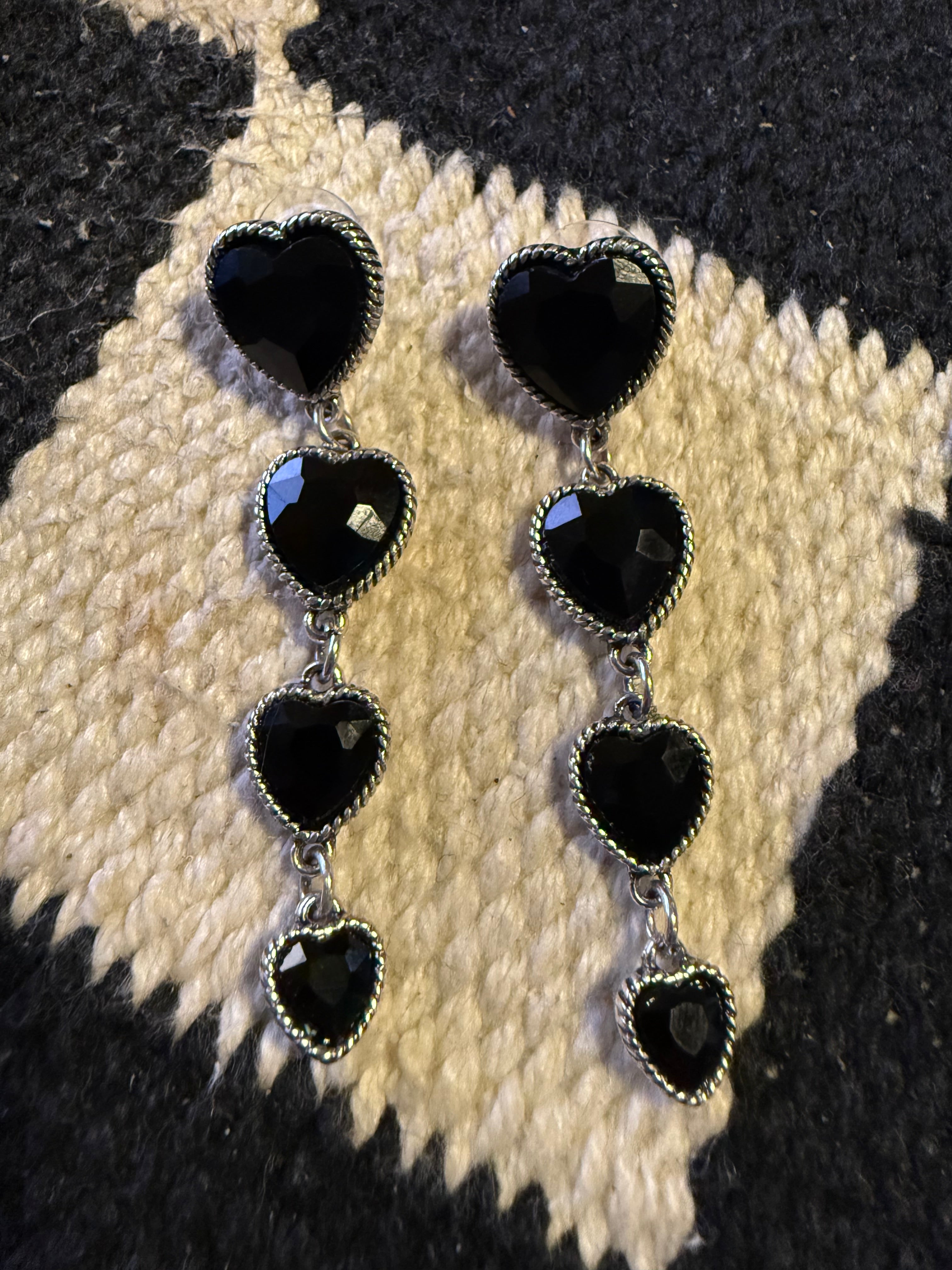 4 Tier Glass Stone Heart Post Drop Dangle Earrings
