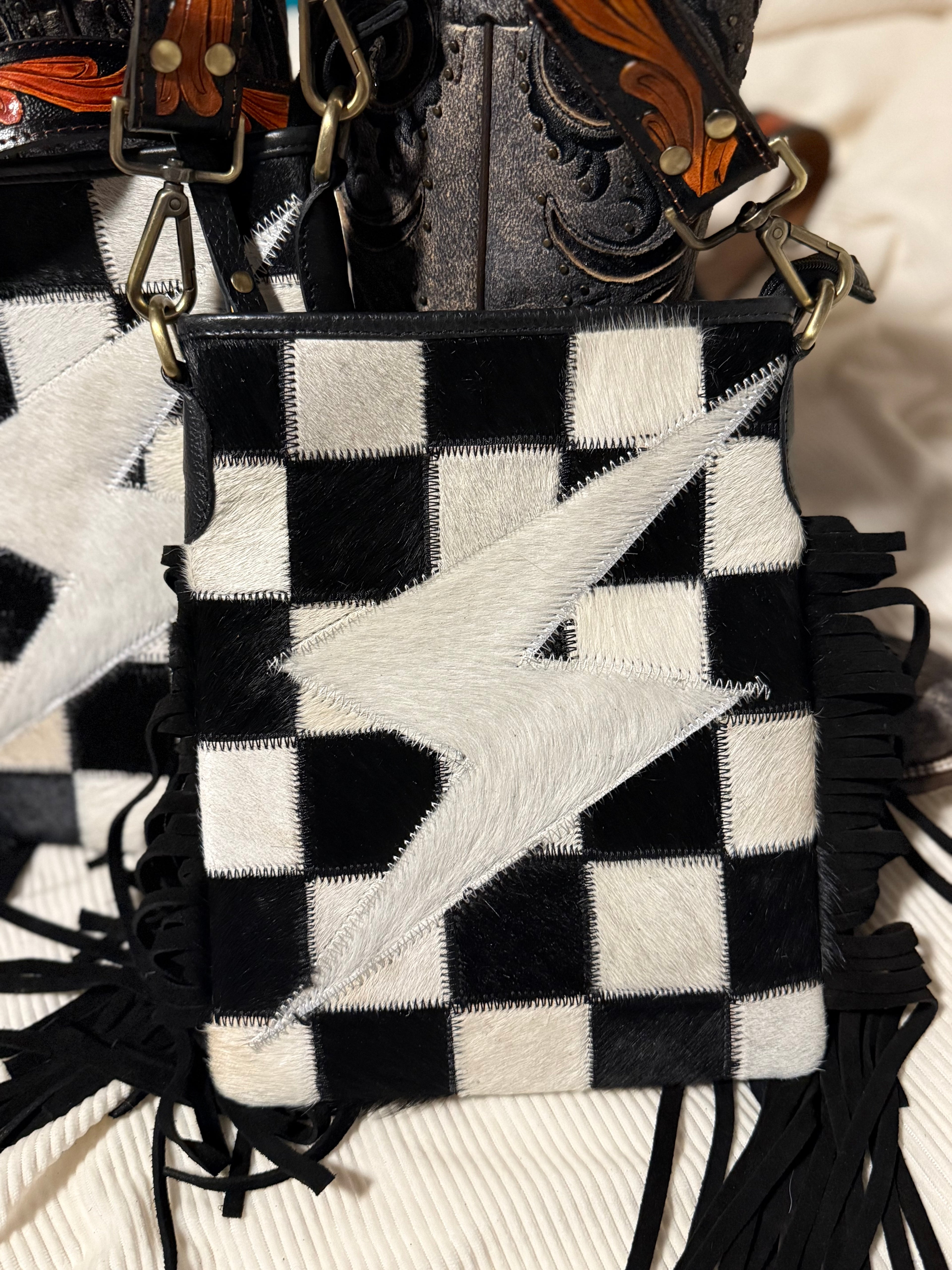 Checkered Cowhide Lightning Bolt Purse with Tooled Leather Strap