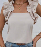Oatmeal Solid Ruffle Trim Sleeveless Top
