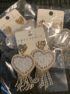 Seed Beaded Heart W Rhinestone Tassel Earrings