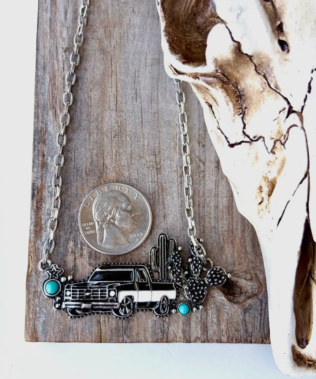 Western Style Truck Cactus Turquoise Stone Pendant Necklace