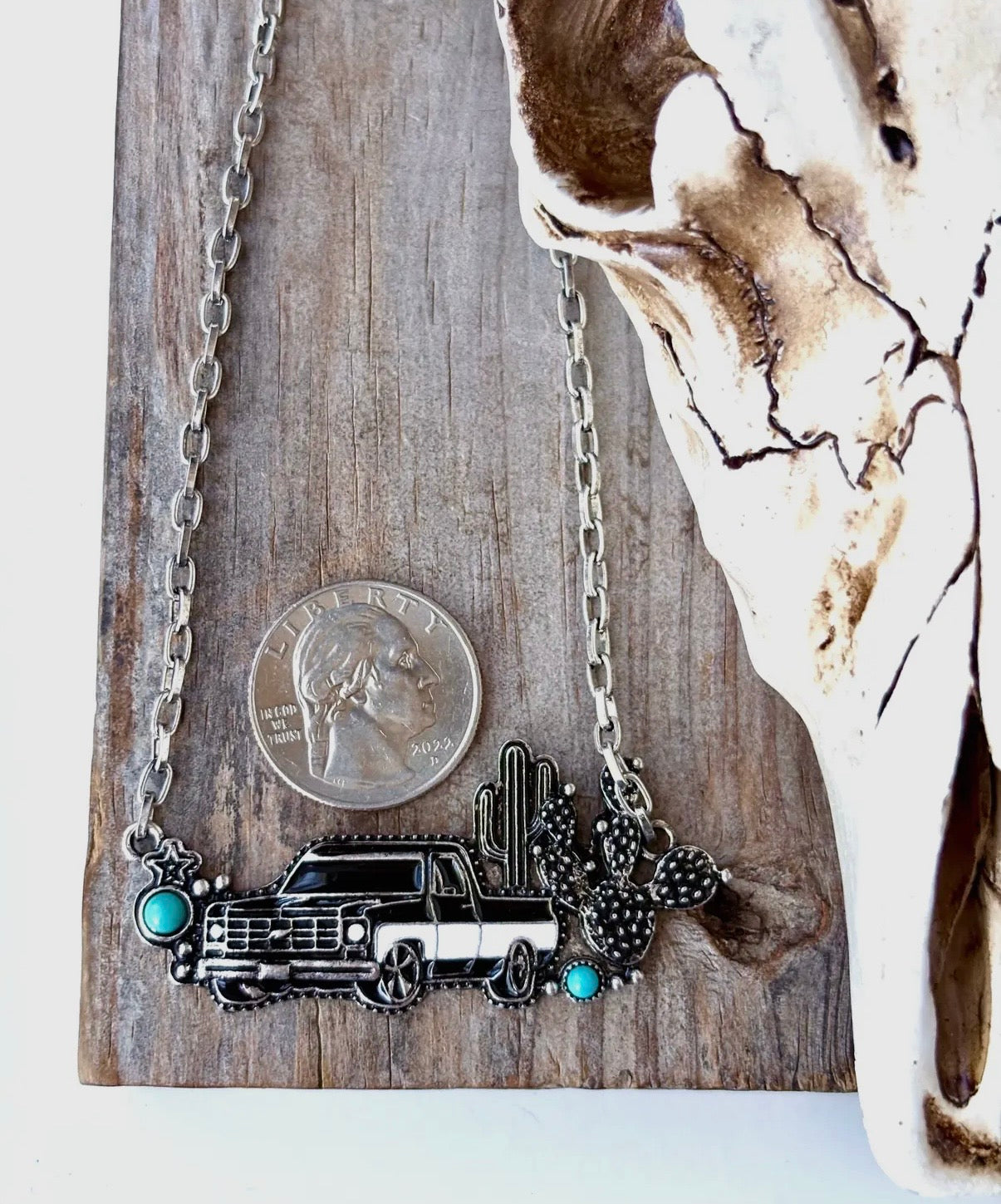 Western Style Truck Cactus Turquoise Stone Pendant Necklace