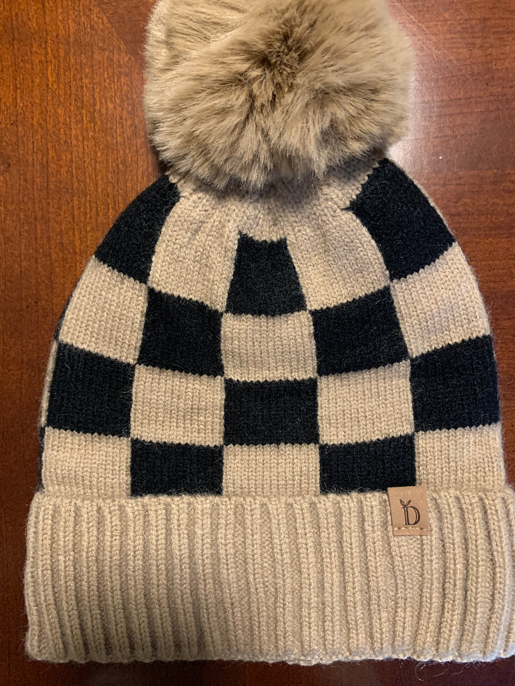 Checkered Ribbed Cuff Beanie with PomPom