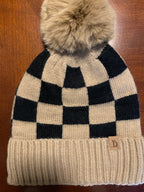 Checkered Ribbed Cuff Beanie with PomPom