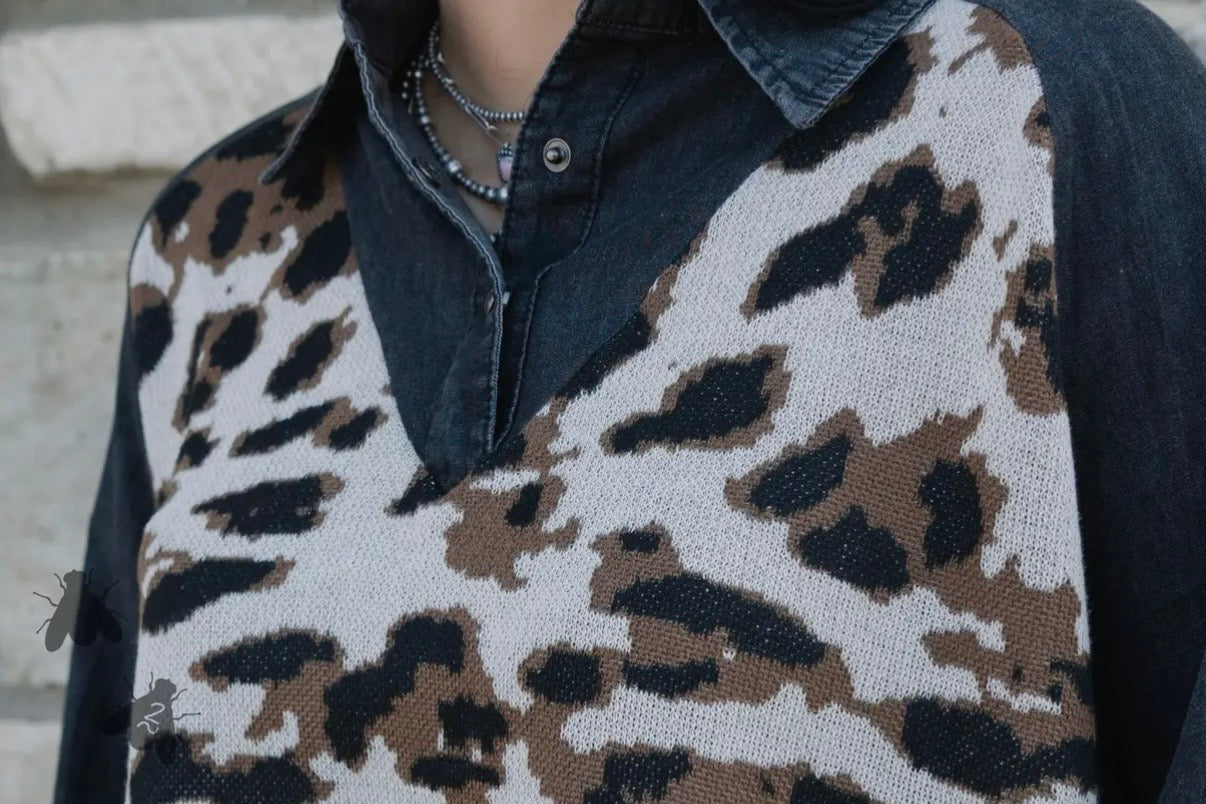 DoubleShift Knit  *Leopard Faux Denim Sweatshirt