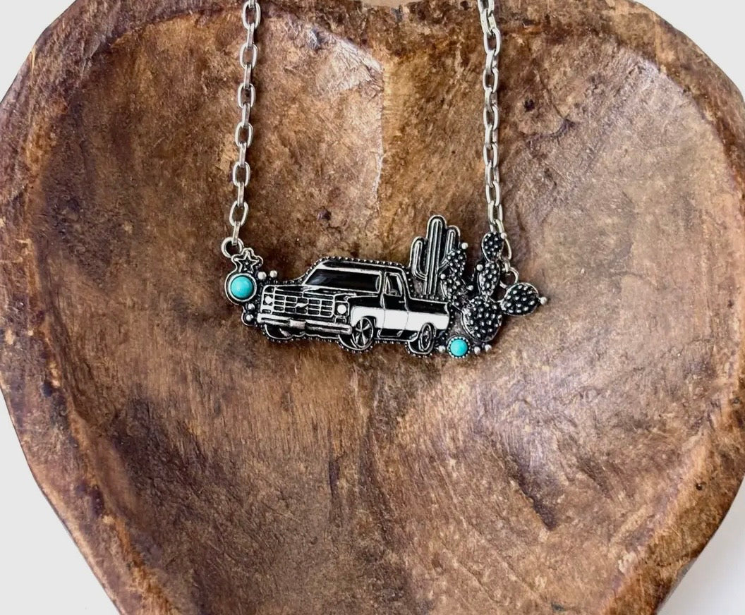 Western Style Truck Cactus Turquoise Stone Pendant Necklace