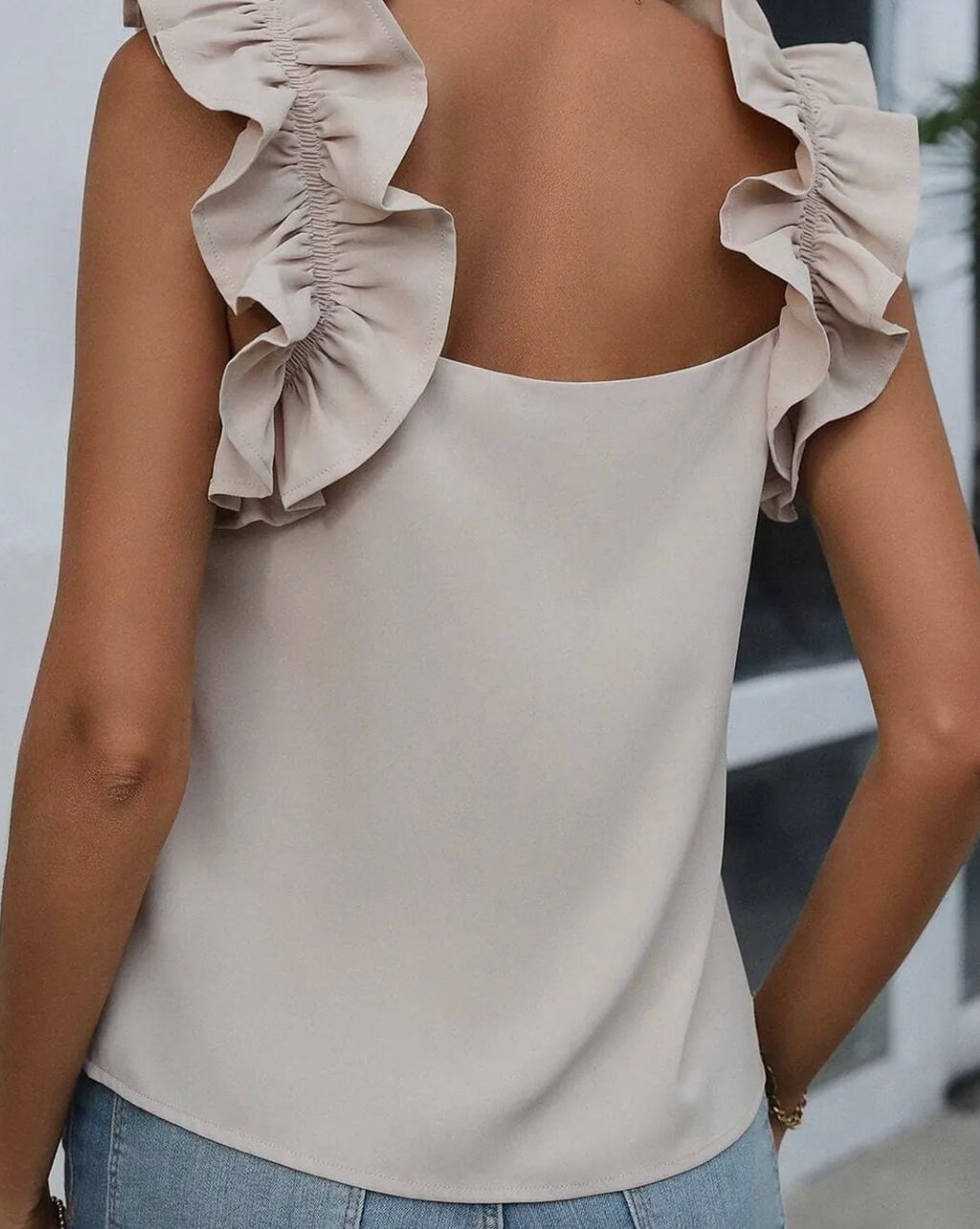 Oatmeal Solid Ruffle Trim Sleeveless Top