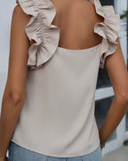 Oatmeal Solid Ruffle Trim Sleeveless Top
