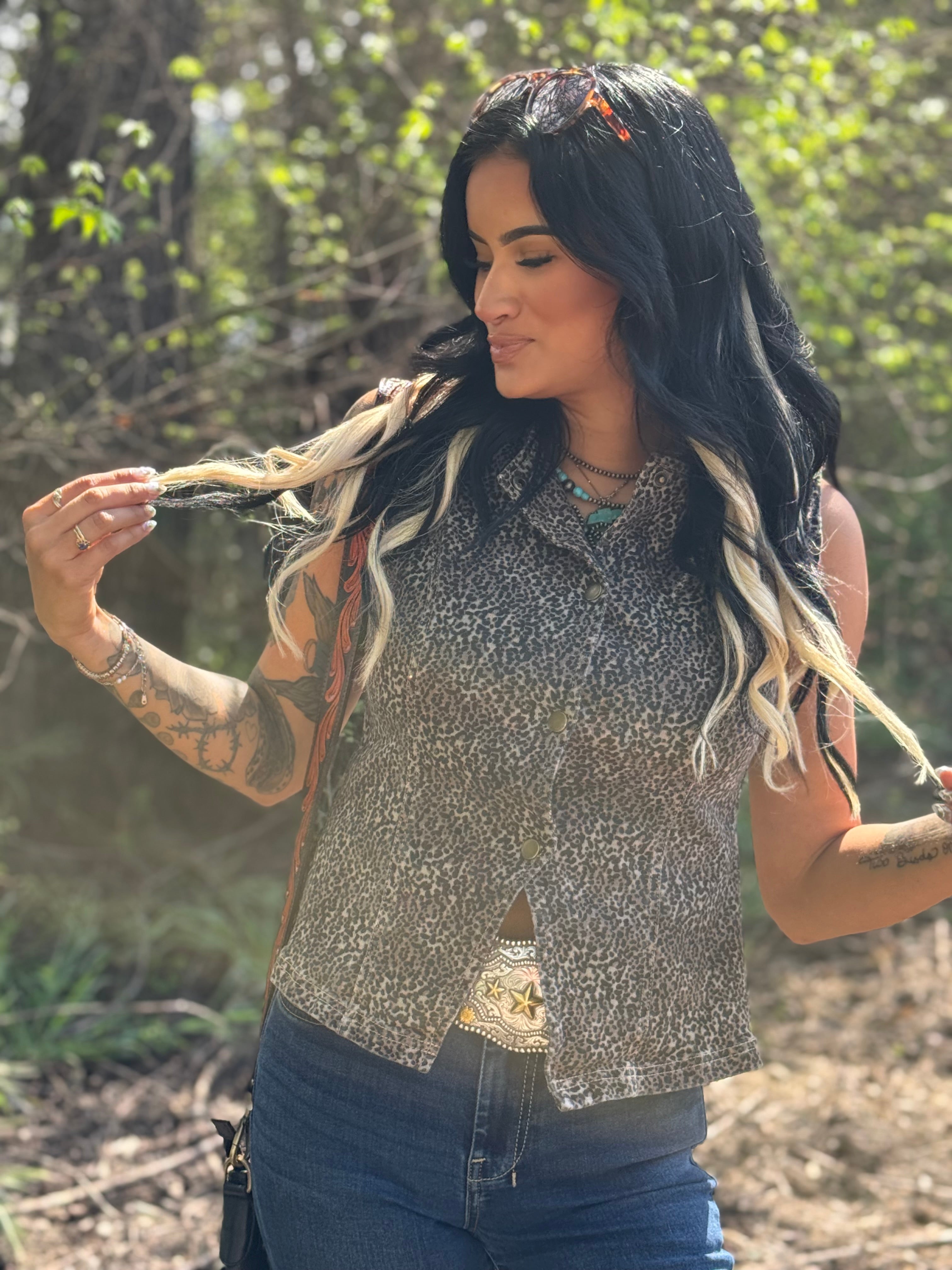 Western Leopard Print Slim Denim Vest
