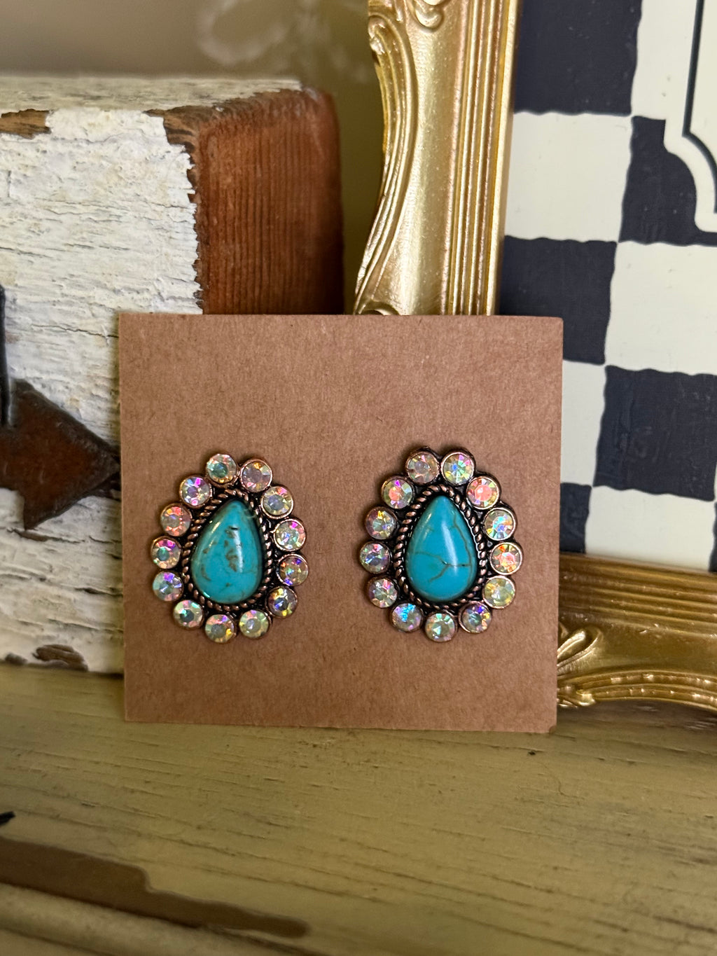Western Stone Teardrop Stud Earrings “Turquoise/Clear”