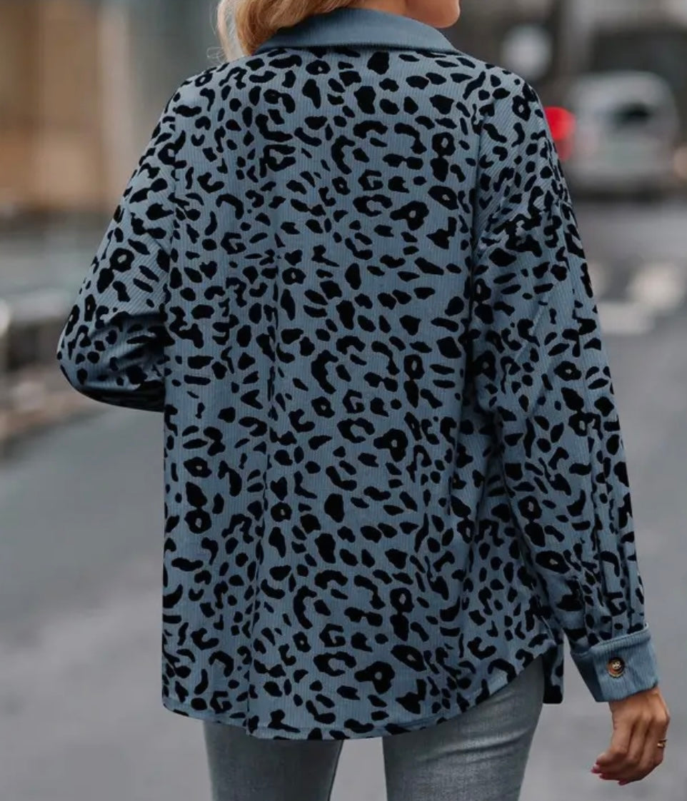 Lapel Leopard Long Sleeve Shacket “Blue and Black Leopard”