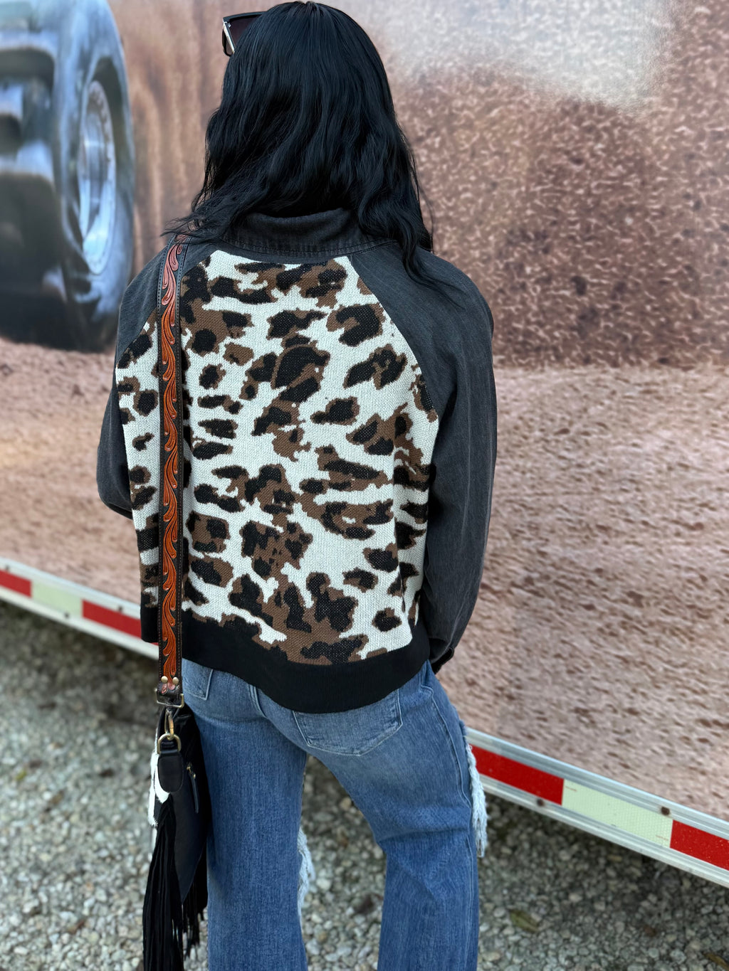 DoubleShift Knit  *Leopard Faux Denim Sweatshirt
