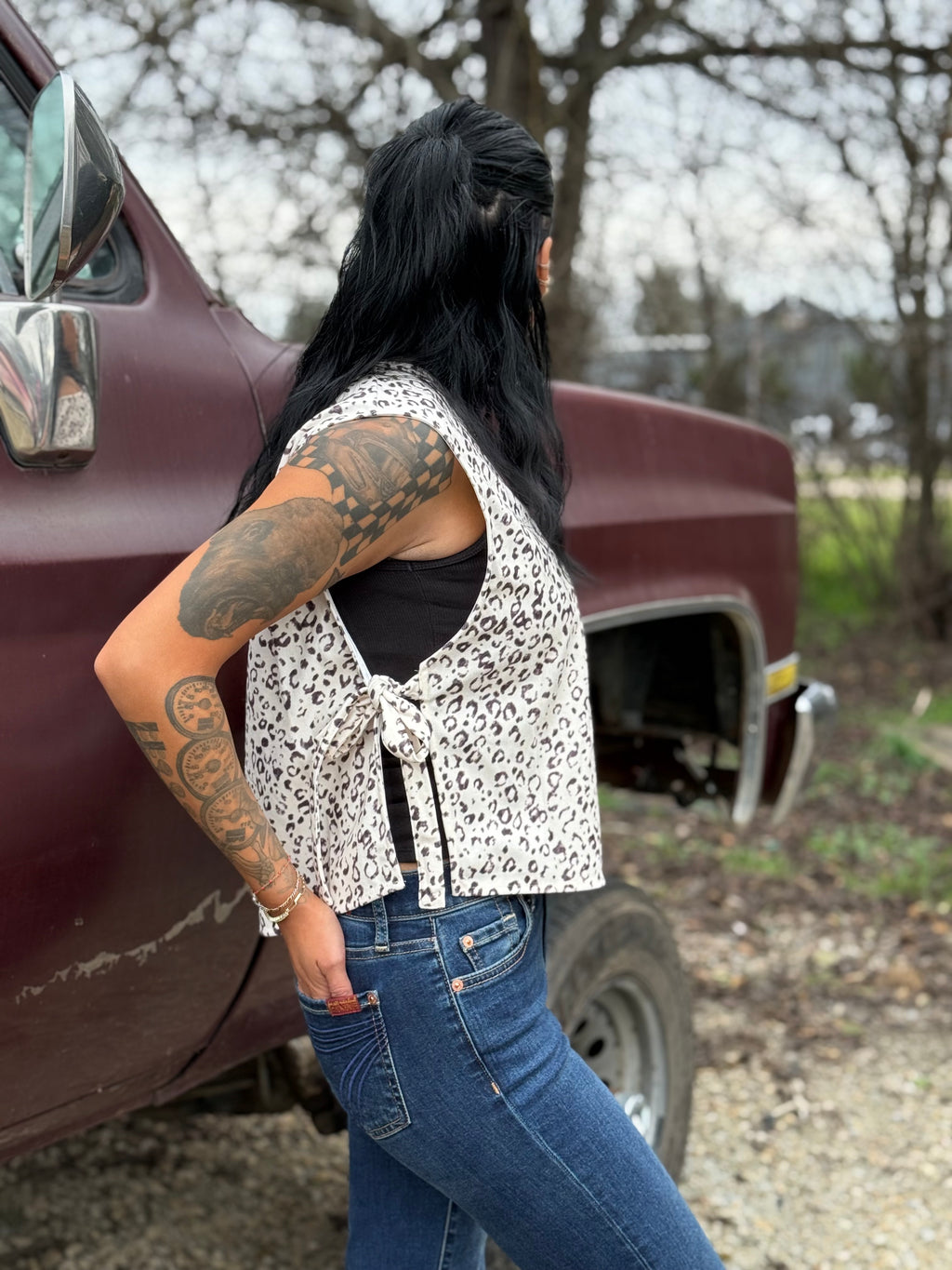 Western Leopard Print Knot Side Twill Vest