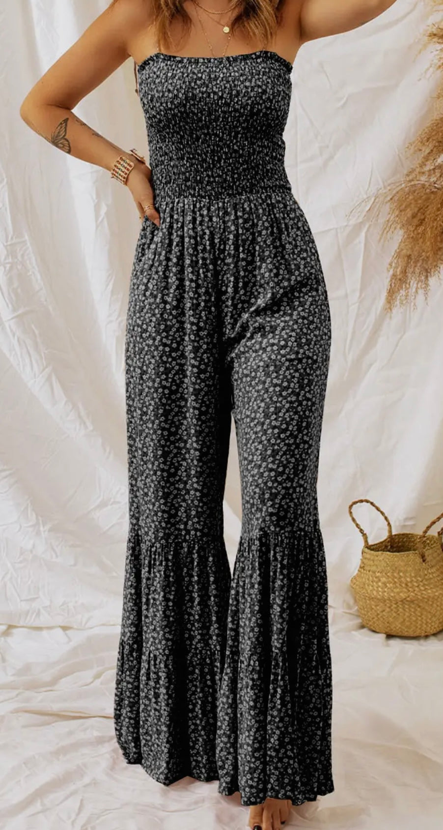 Smocked Straps Bodice Wide Leg Floral Jumpsuit/Multicolor