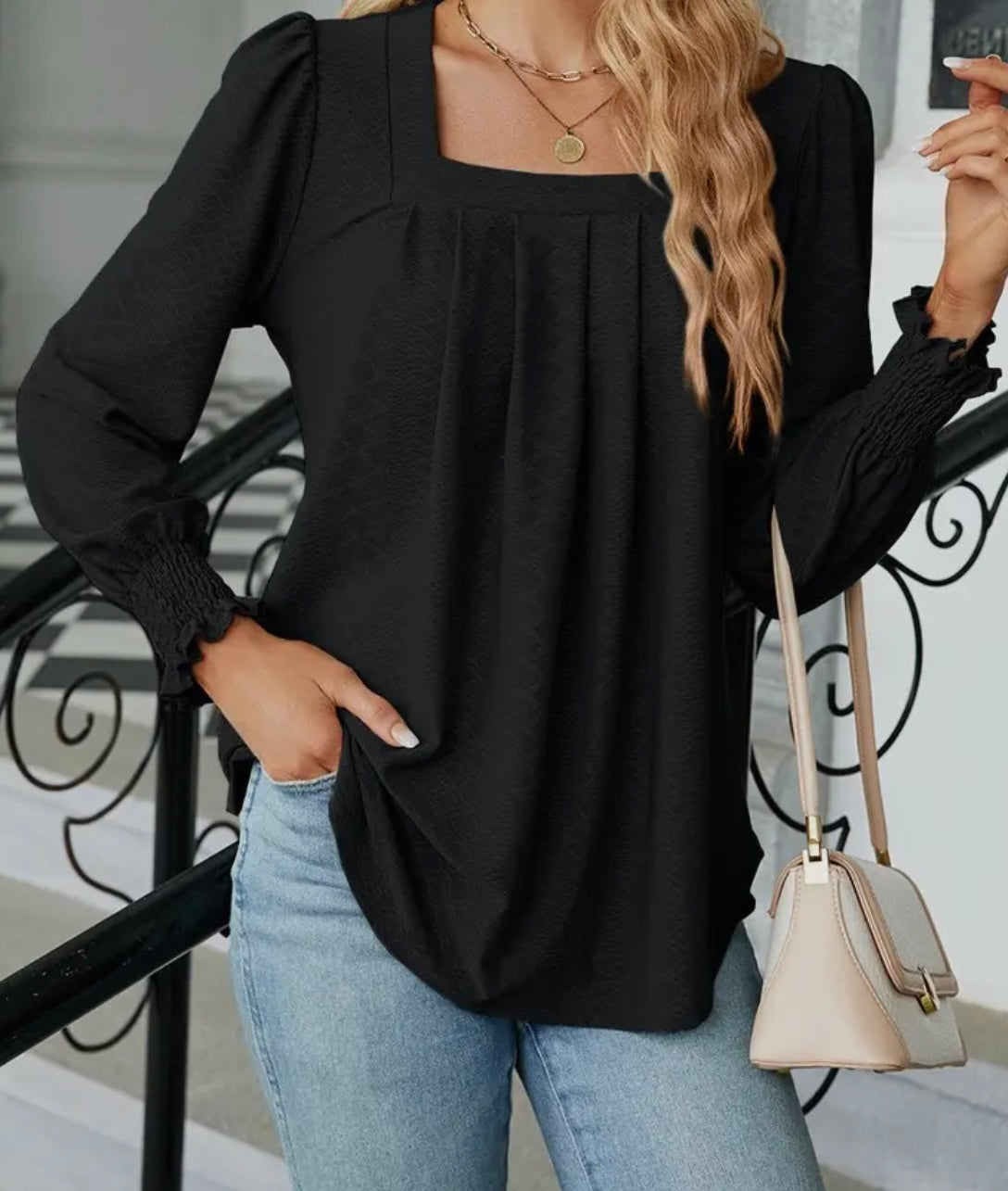 Women’s Sqaure Neck Shirred Cuff Long Sleeve Blouse Black