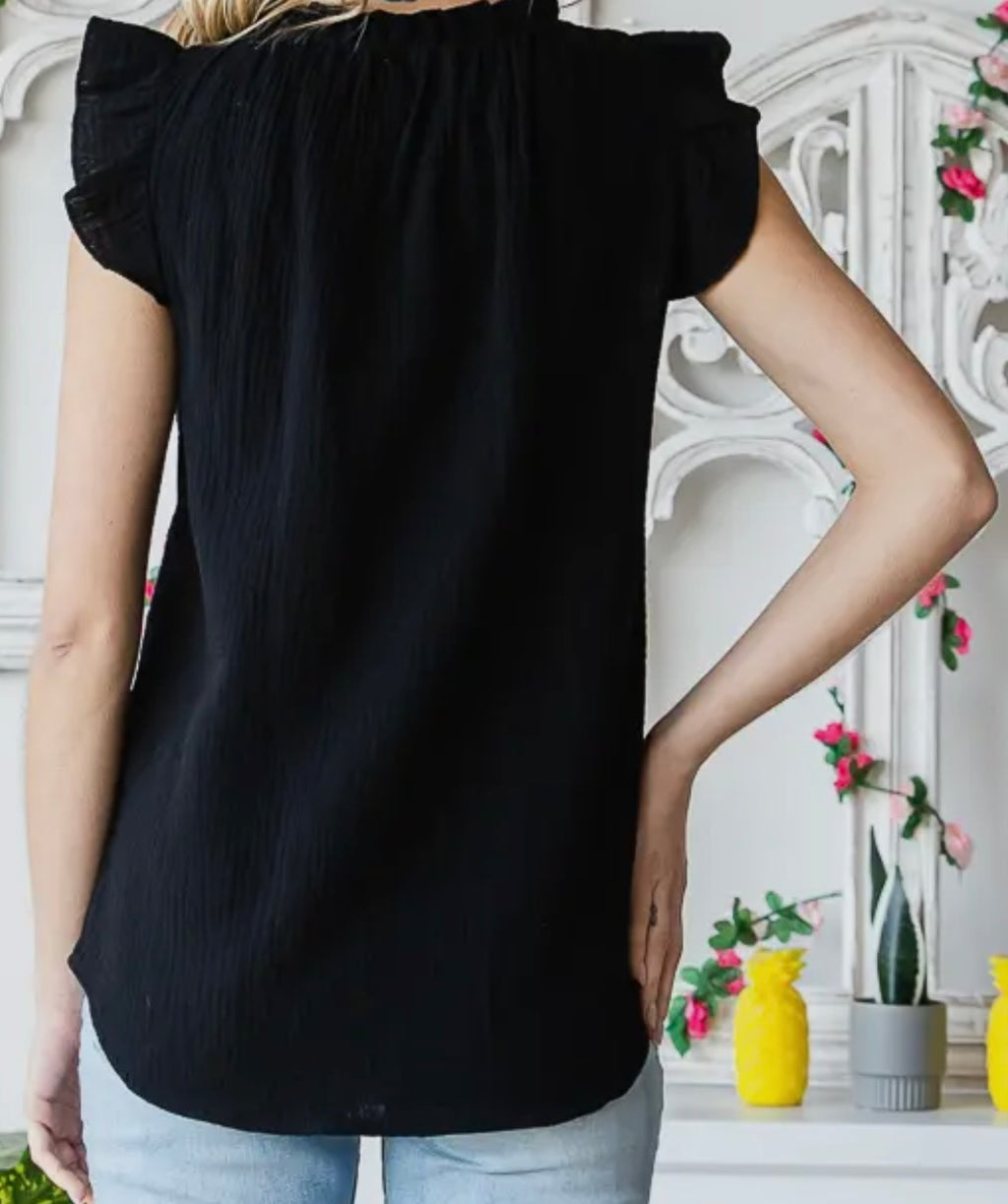 Cotton Knit Blouse Ruffle Mock Neck With Ruffle Sleeves