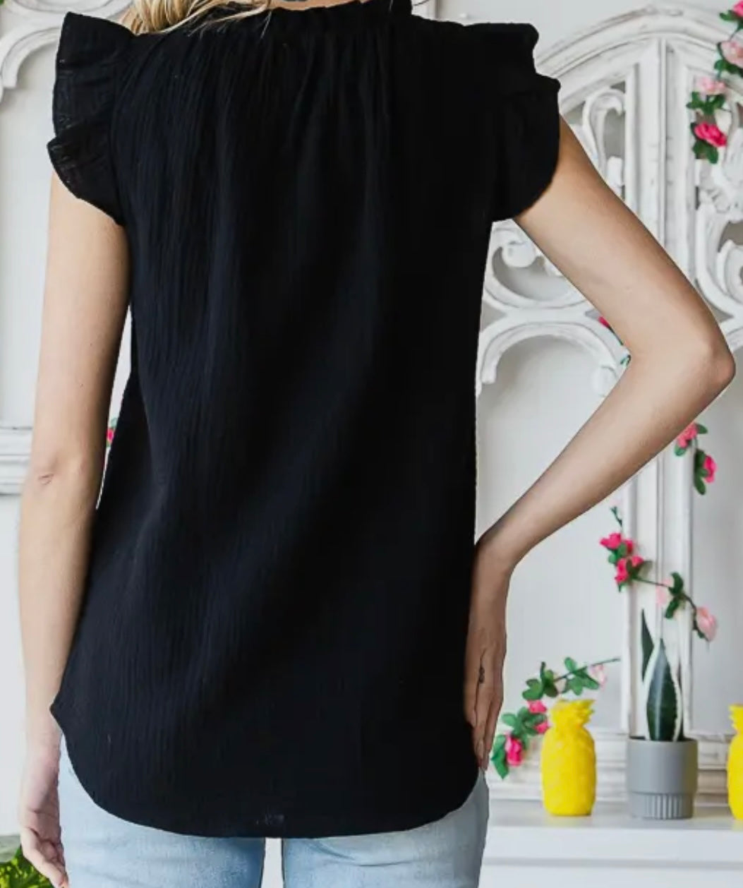 Cotton Knit Blouse Ruffle Mock Neck With Ruffle Sleeves