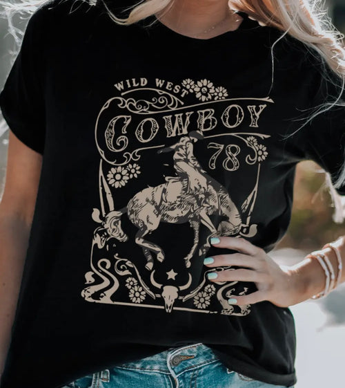 Black Western Cowboy 78 Graphic Crew Neck T-Shirt