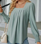 Women’s Sqaure Neck Shirred Cuff Long Sleeve Blouse Mint Green