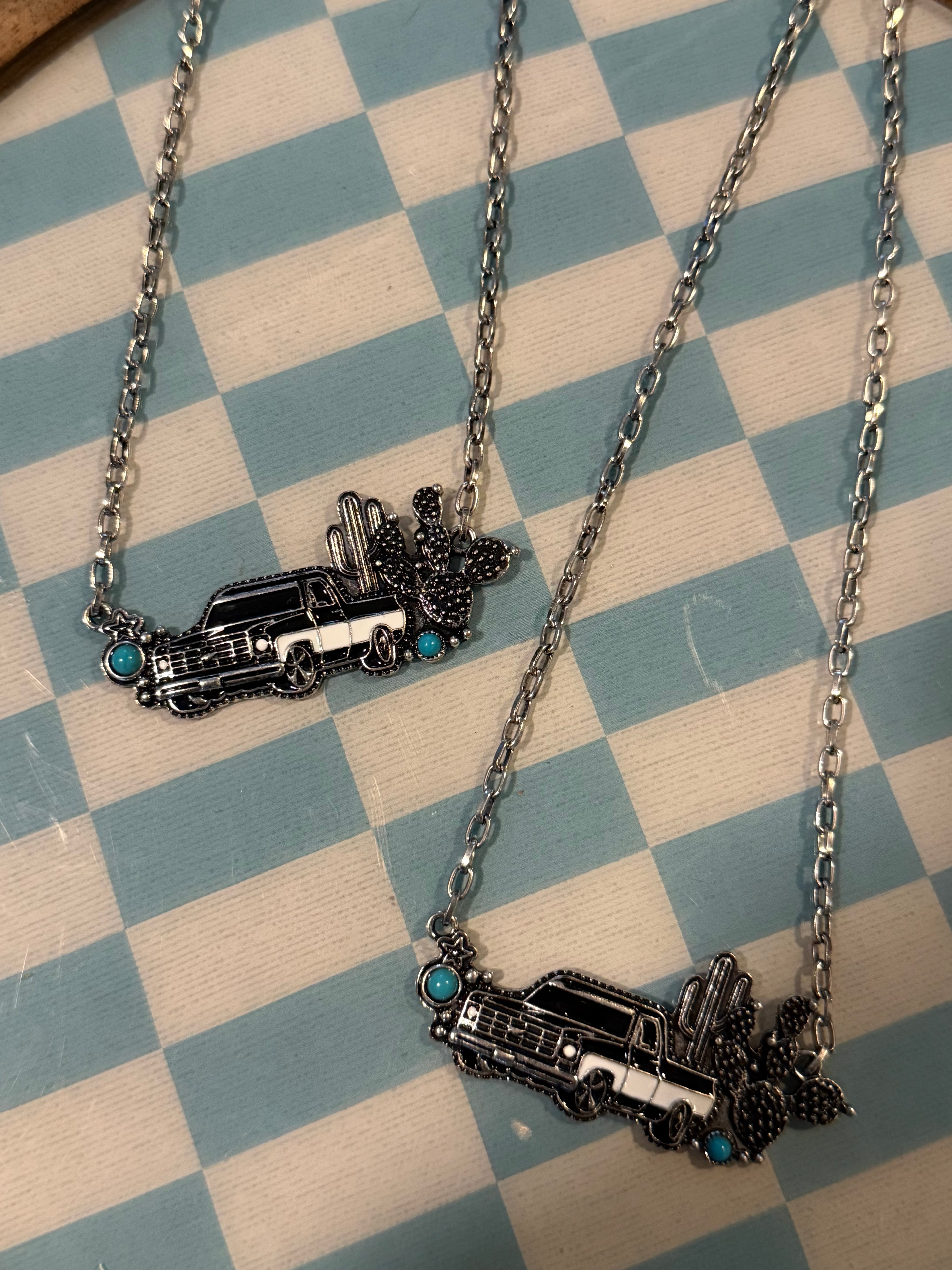 Western Style Truck Cactus Turquoise Stone Pendant Necklace