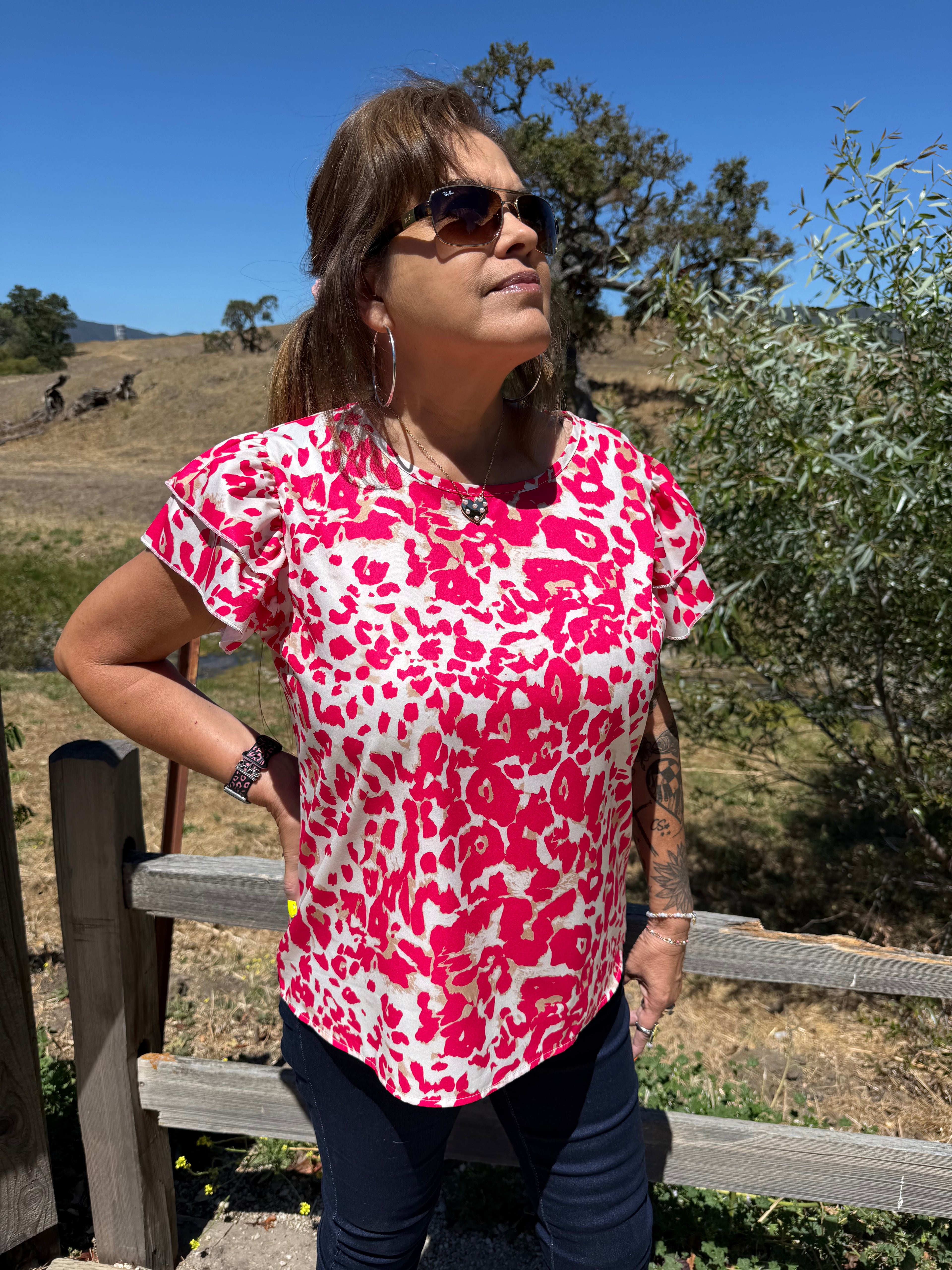 Vintage Ruffled Sleeve Leopard Print Top