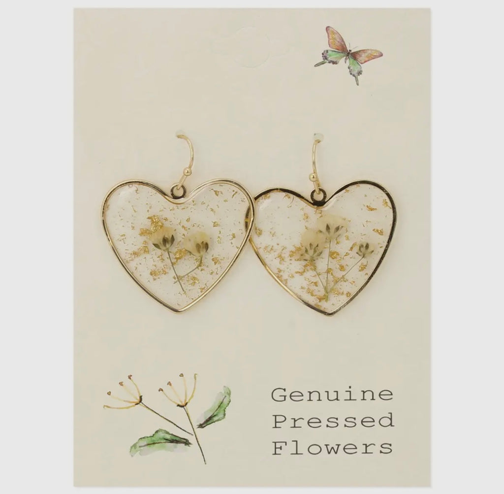 Queen Anne's Lace Dried Flower Heart Earrings