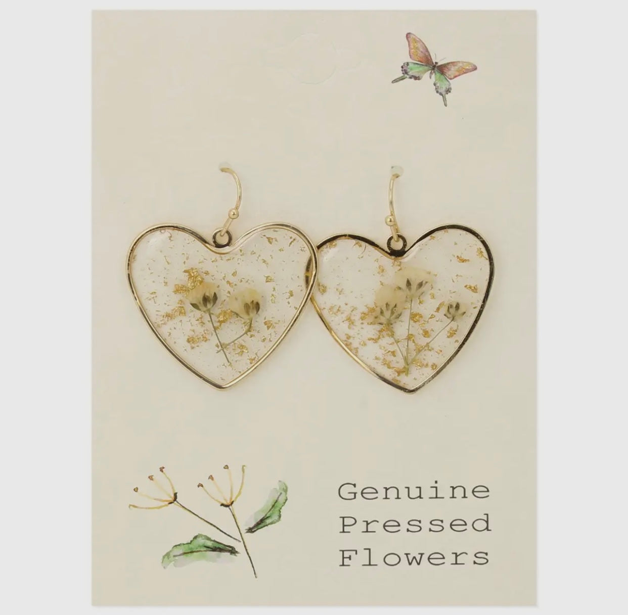 Queen Anne's Lace Dried Flower Heart Earrings