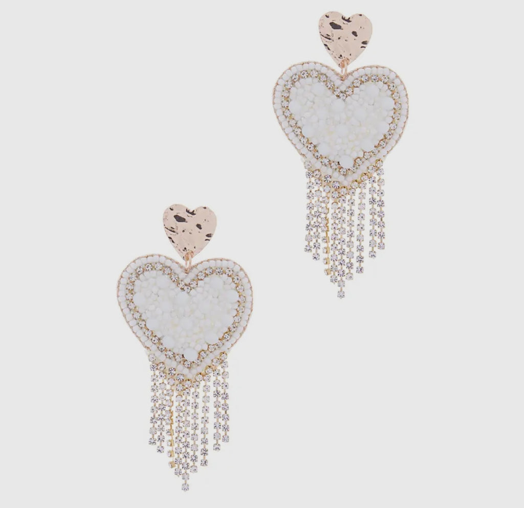 Seed Beaded Heart W Rhinestone Tassel Earrings
