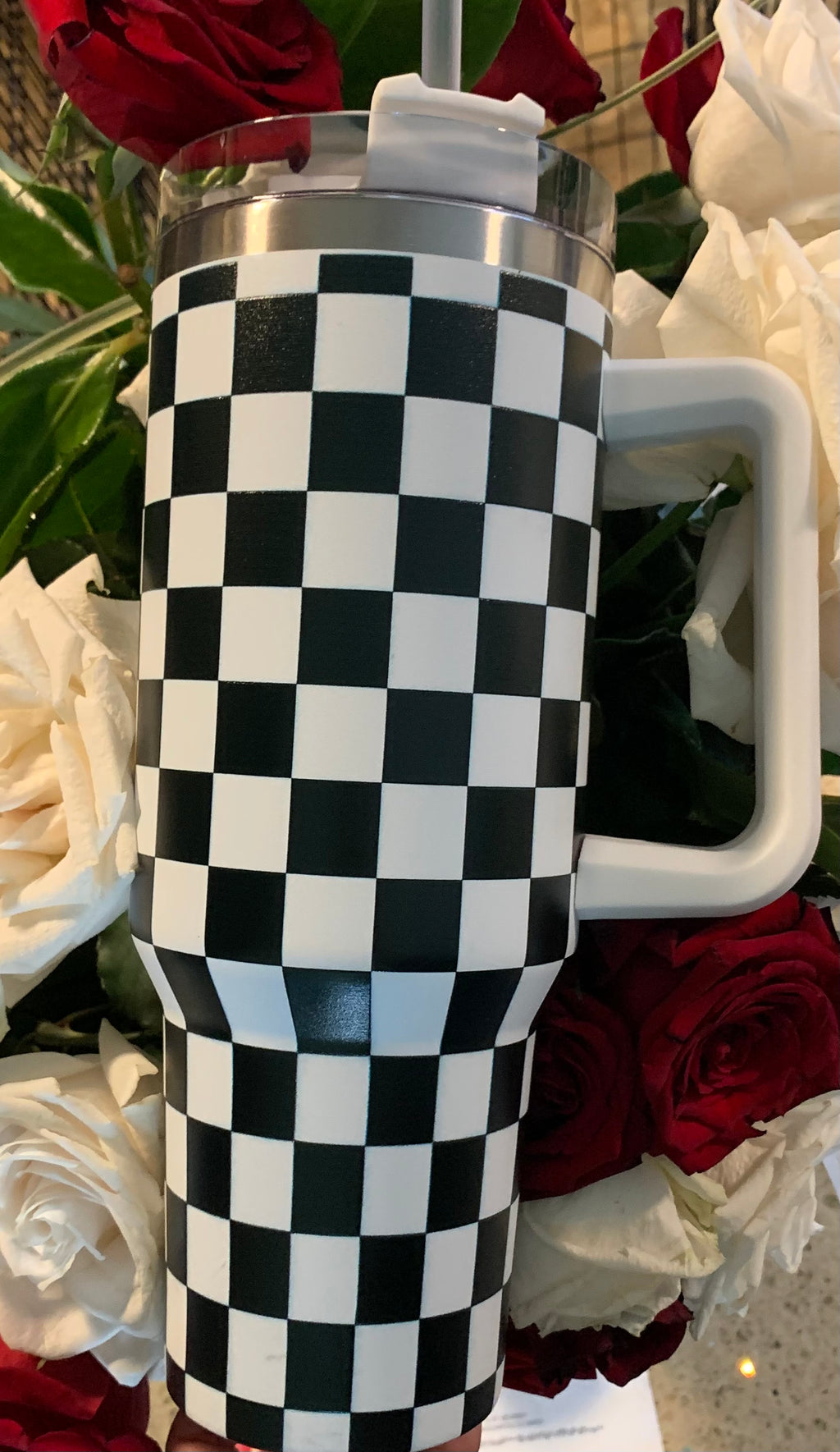 Checkered Pattern 40oz Tumbler with Handle And Straw
