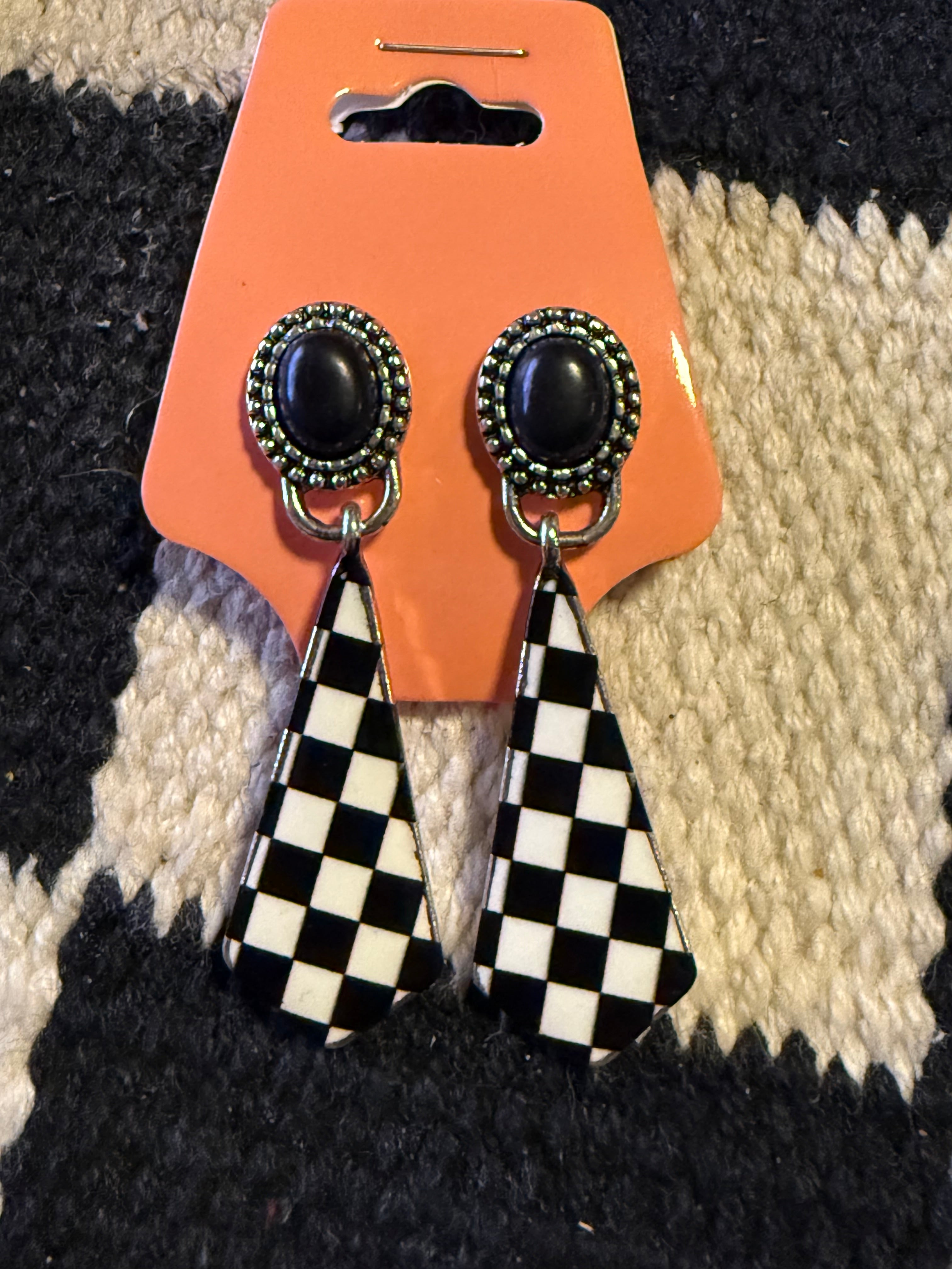 Oval Stone Concho & Checkerboard Post Drop Earrings