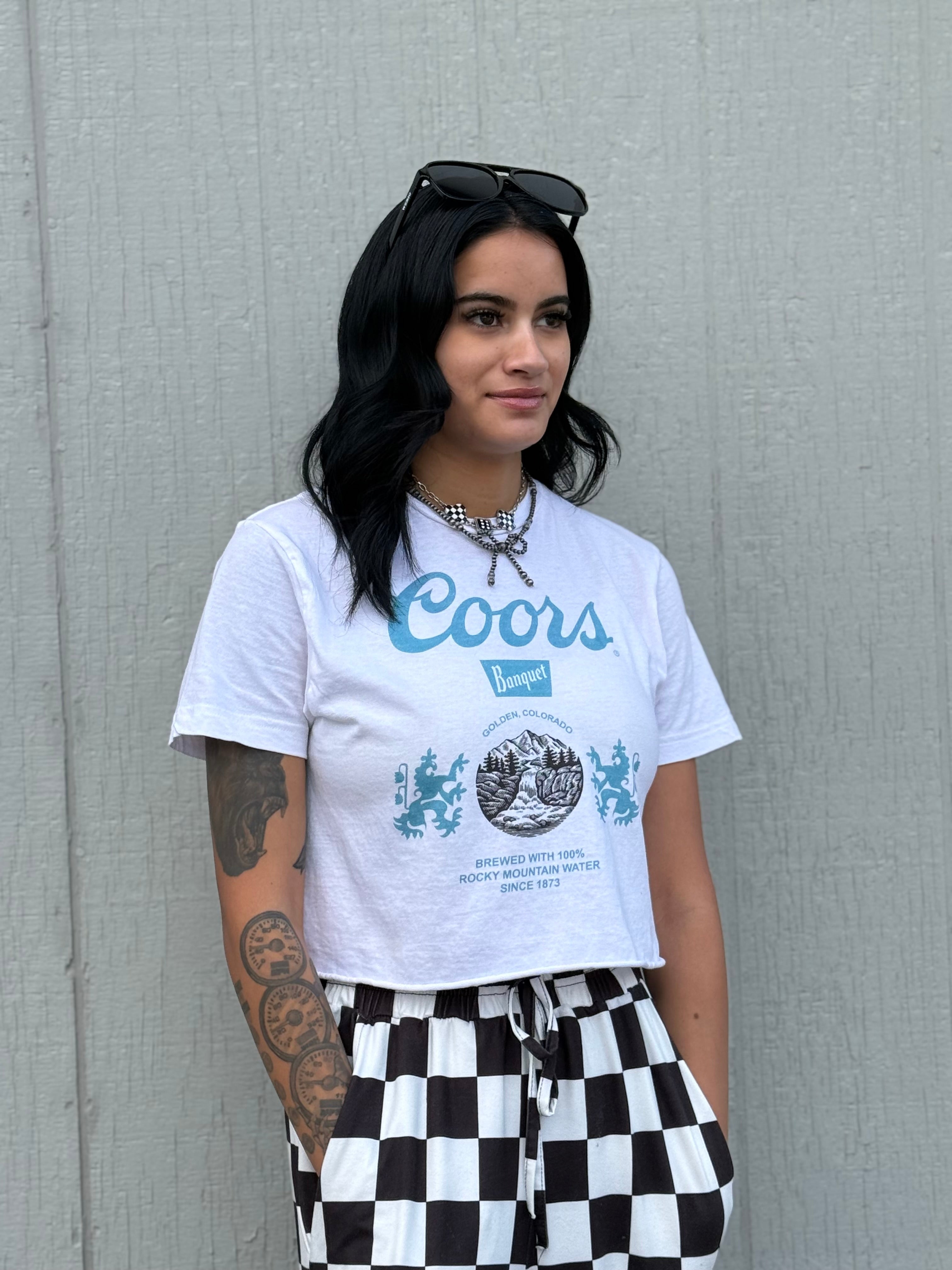 Coors Banquet Crop Top  “White/Light Blue” Tee
