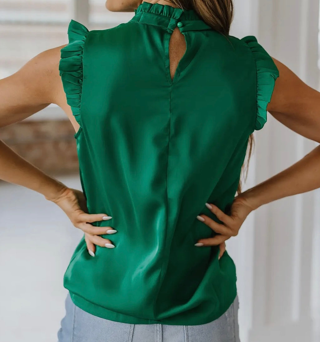 Caden Frilled Trim Sleeveless Blouse Emerald Green