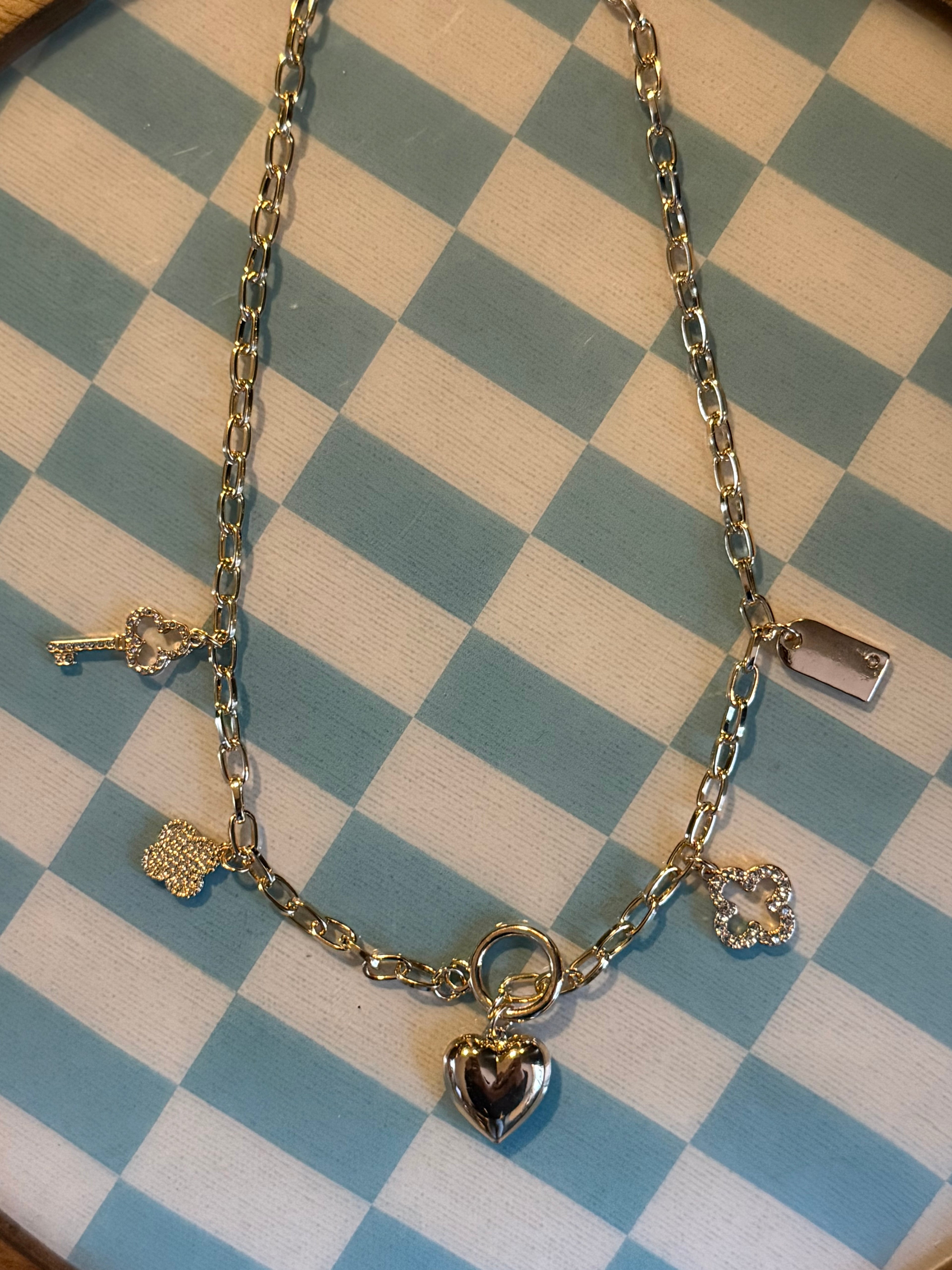 Heart Multi Charm Link Chain Necklace